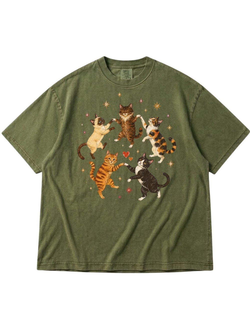 Comfort Colors Moss Green Short Sleeve Tee with Dancing Cat Graphic
